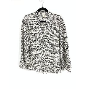 Chicos Script Print Blouse Womens 3 Black White V Neck Long Sleeve Top